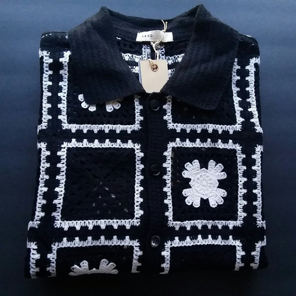 Crochet Floral Square Patchwork Black Ivory Polo Knit Button Shirt by Sandstone